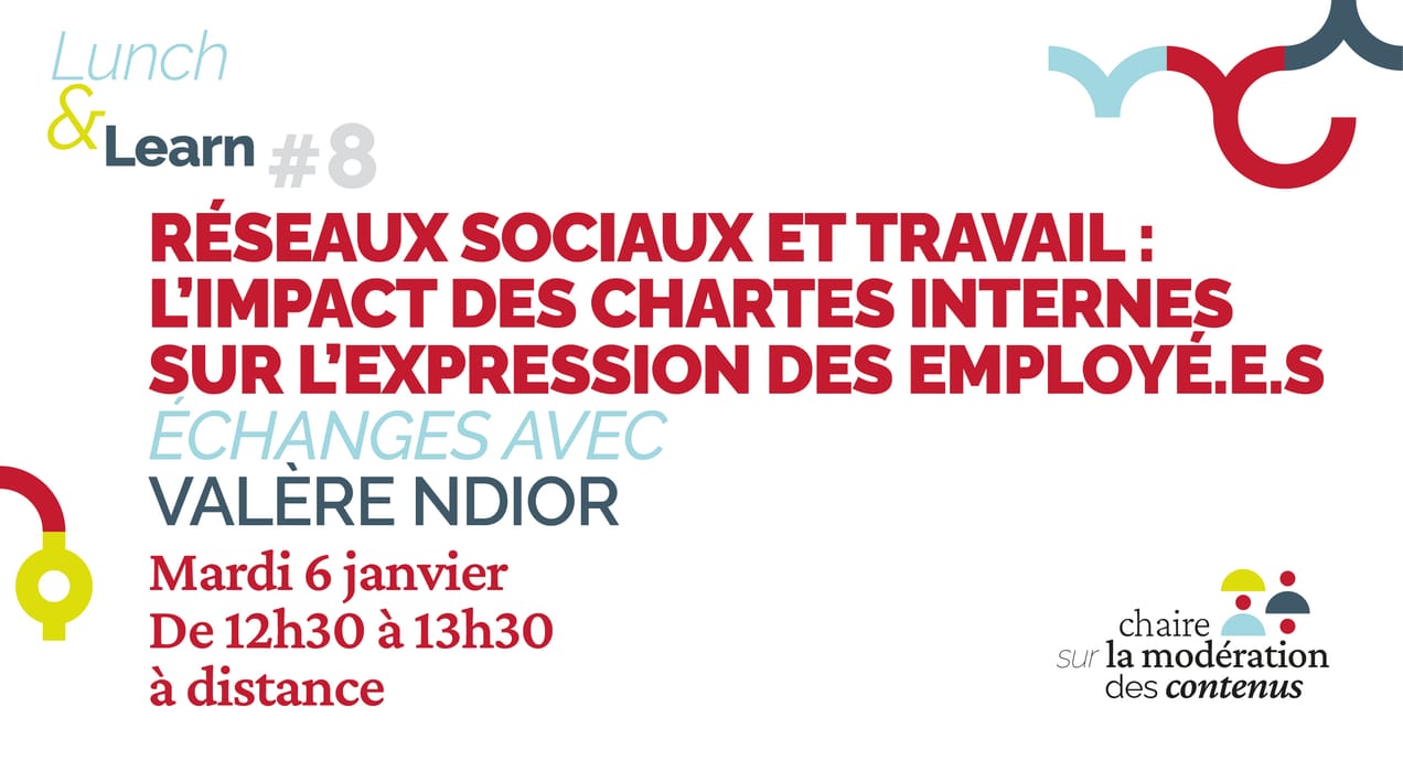 Slide décrivant les informations générales sur le Lunch and Learn 8 et logo de la chaire sur la modération des contenus