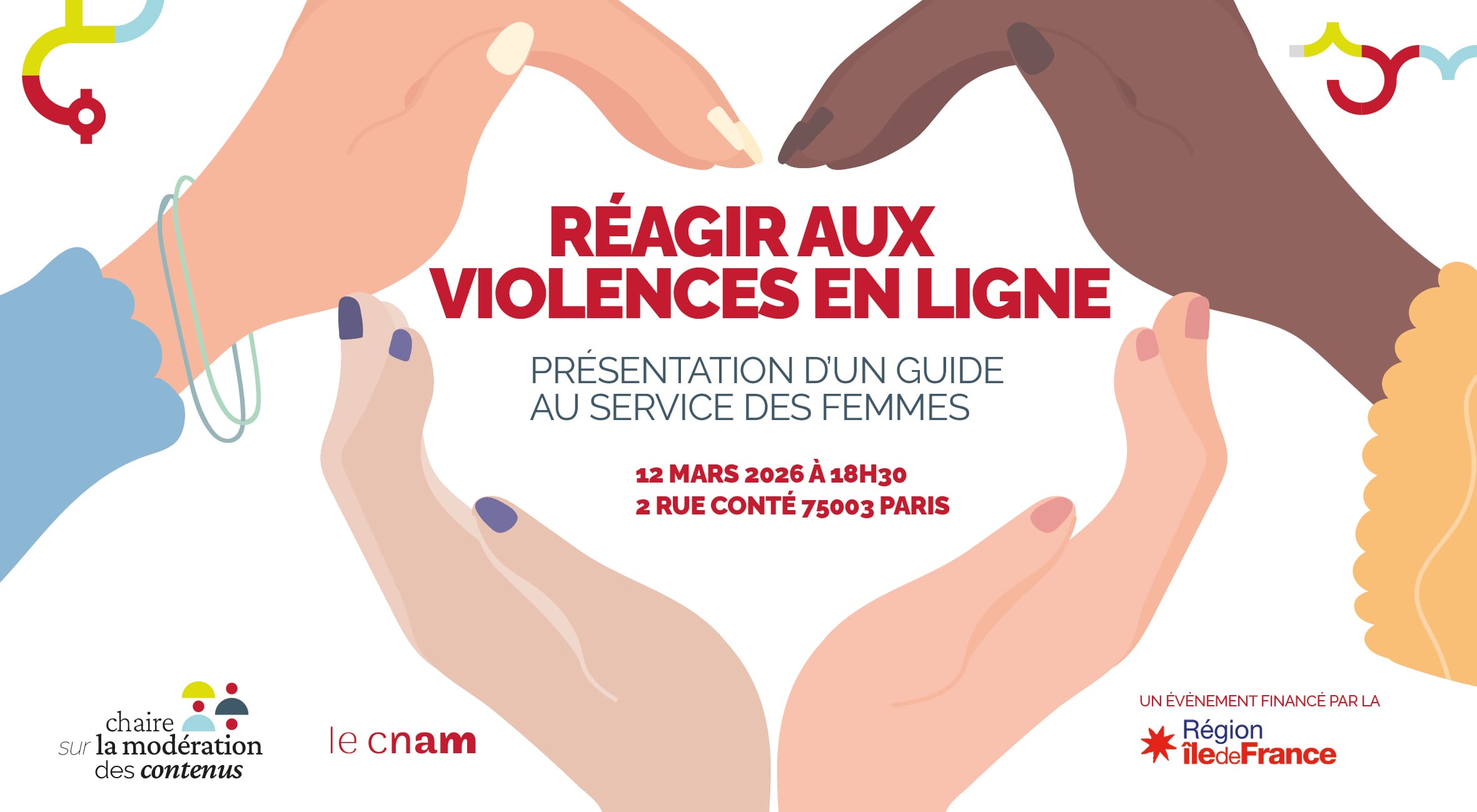 Mains de femmes de couleur de peau différentes formant un cœur autour des informations essentielles relatives à l'évènement