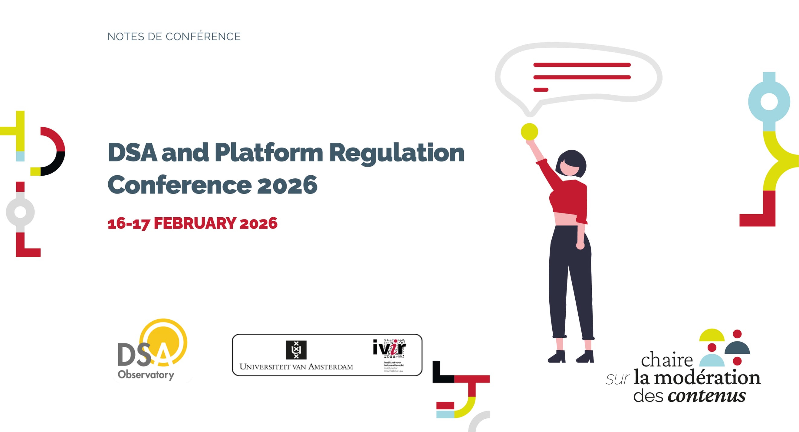 Slide of the Conference title, logos and a woman holding a text bubble